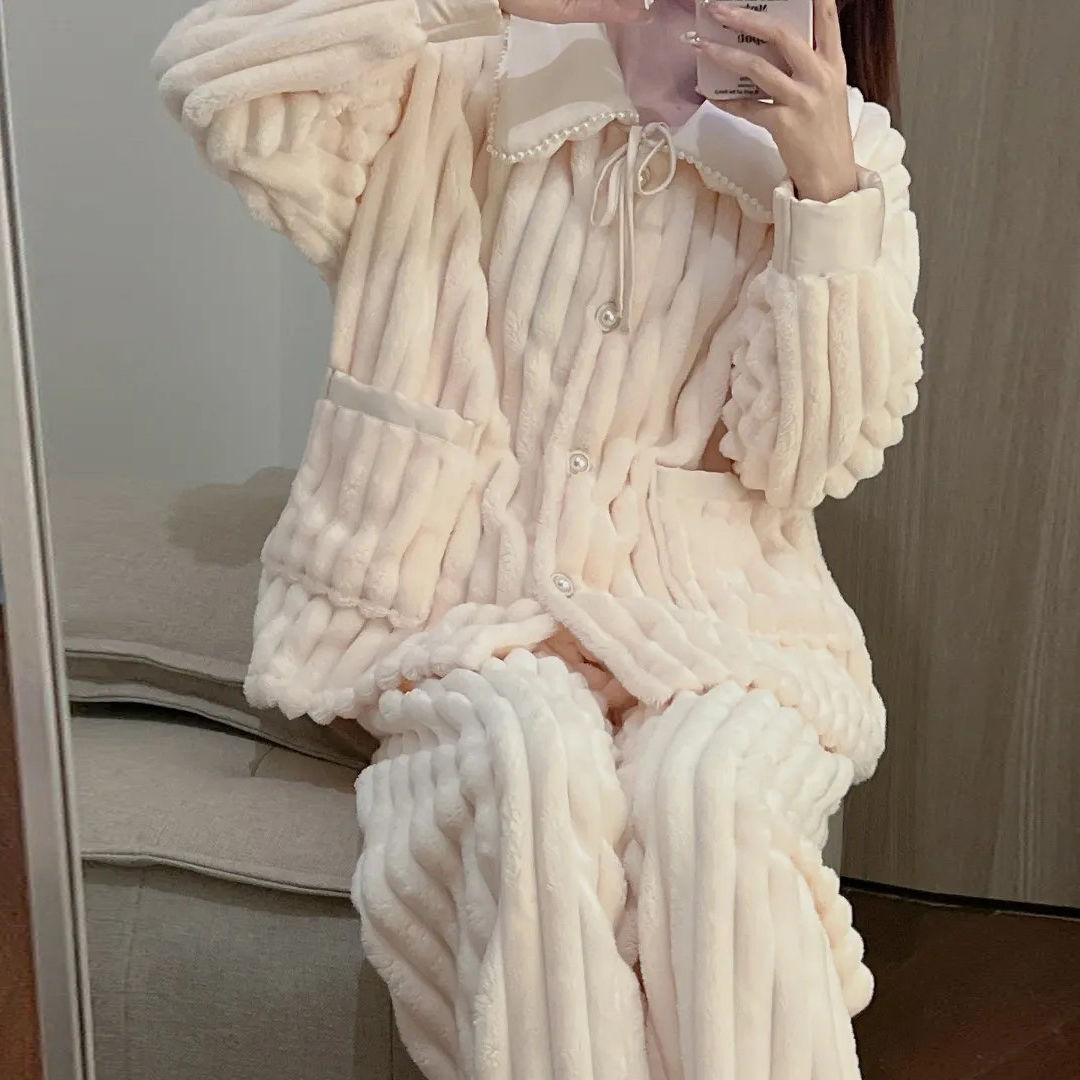 網紅法蘭絨睡衣女冬季甜美外穿家居服珊瑚絨加絨厚學生秋冬天套裝