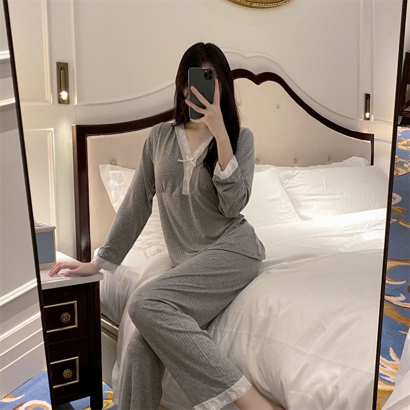 新款睡衣女蕾丝法式春秋长袖甜美莫代尔棉网红风家居服保暖套装冬