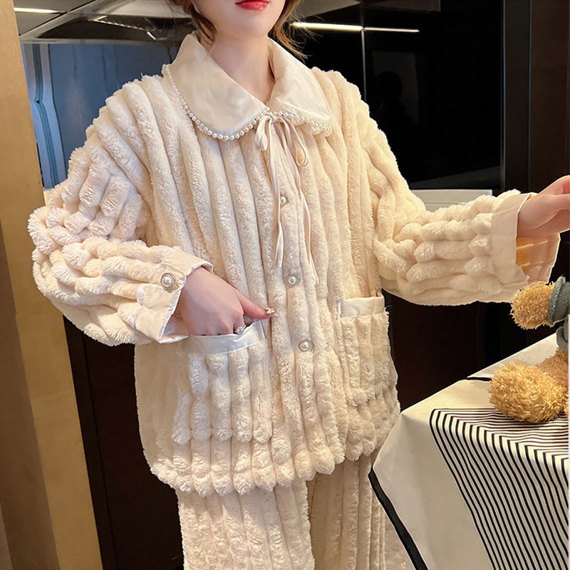 珊瑚絨睡衣女冬季加絨加厚2023新款長袖大碼保暖法蘭絨家居服套裝