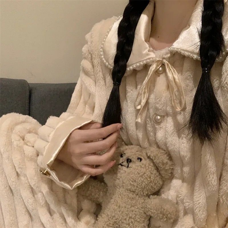 網紅法蘭絨睡衣女冬季甜美外穿家居服珊瑚絨加絨厚學生秋冬天套裝