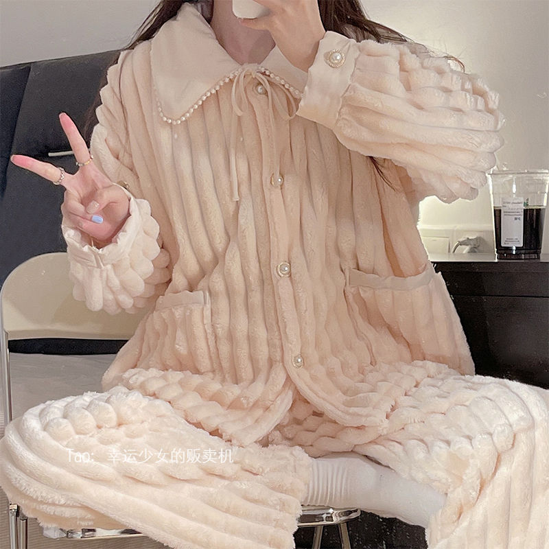 珊瑚絨睡衣女冬季加厚加絨2023年新款法蘭絨秋冬款保暖家居服套裝