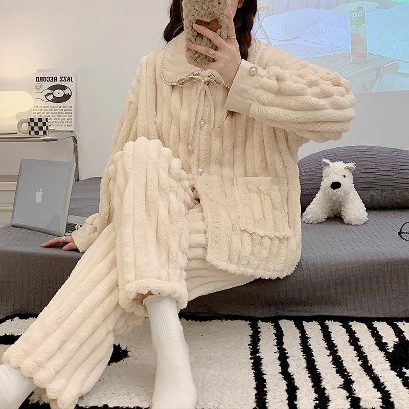 公主風睡衣女秋冬季長袖加絨加厚珊瑚絨甜美保暖法蘭絨家居服套裝