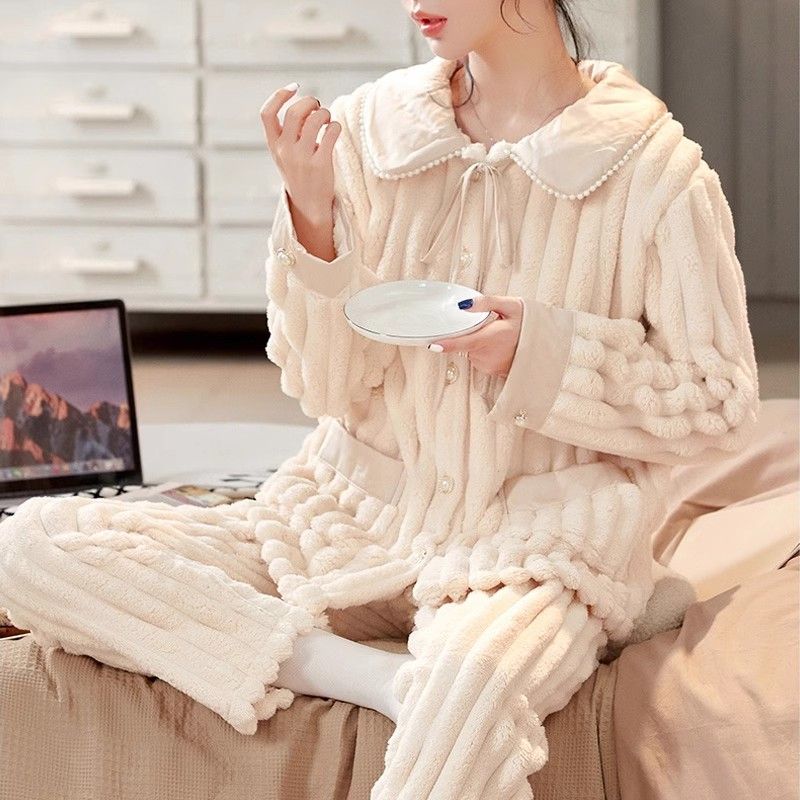 睡衣女秋冬款珊瑚絨2023新款加厚加絨高級感保暖法蘭絨家居服套裝