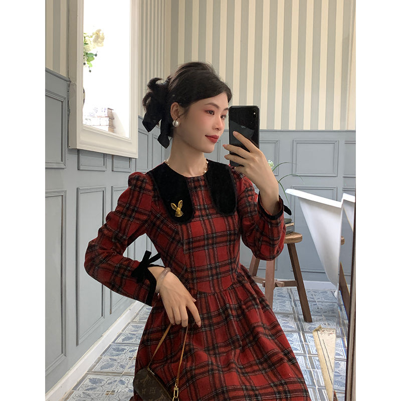 復古減齡撞色設計格紋收腰長袖連衣裙女秋新品時尚洋氣顯瘦裙子