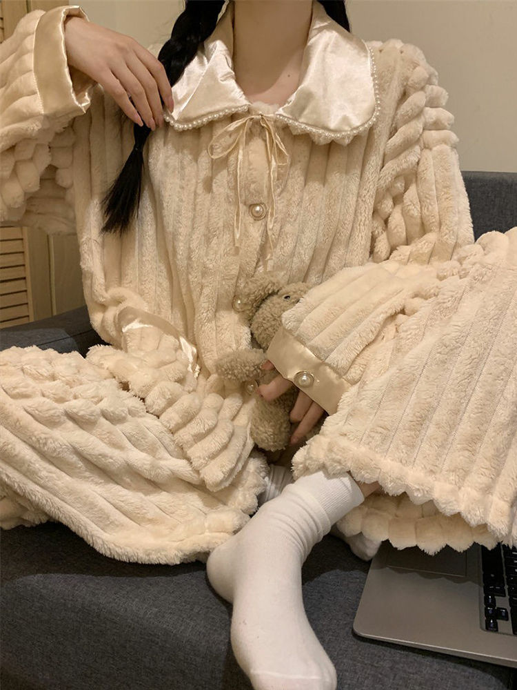 珊瑚絨睡衣女2023年秋冬新款法蘭絨公主風加厚加絨冬季家居服套裝