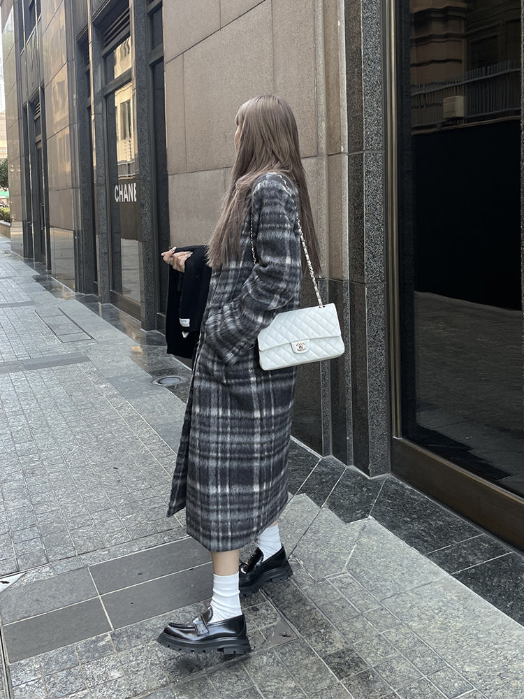 灰色格子校供感西裝式高級感羊絨呢子毛呢大衣外套女秋冬時尚大衣