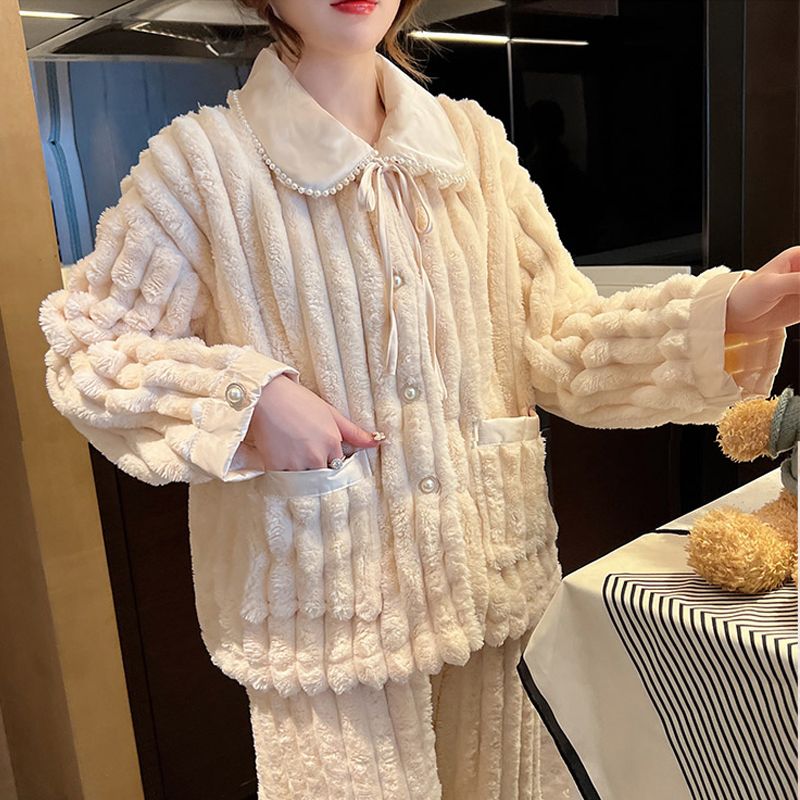 睡衣女冬季珊瑚絨2023年新款公主風保暖翻領法蘭絨加絨加厚家居服
