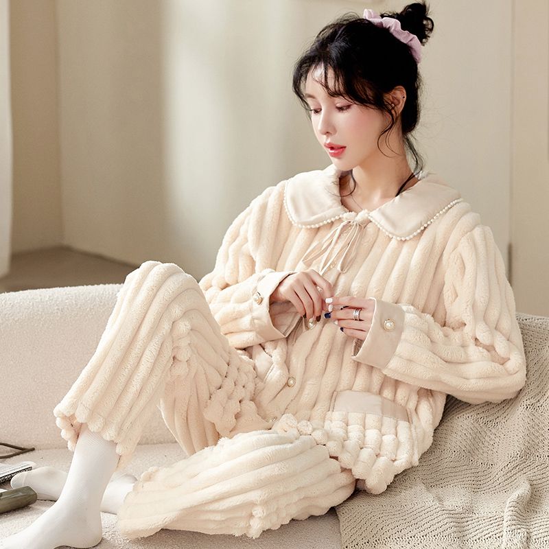 睡衣女士冬季珊瑚絨長袖加厚法蘭絨甜美可愛秋冬款加絨家居服套裝