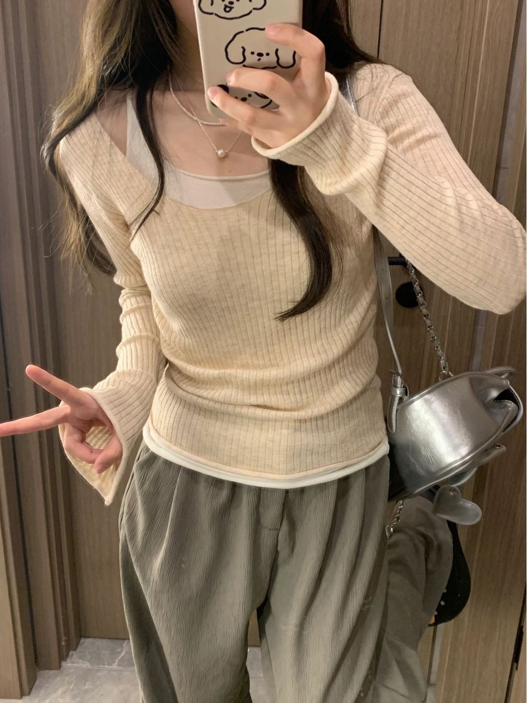 假兩件針織衫女2023新款早秋裝高級感毛衣內搭打底衫chic長袖上衣
