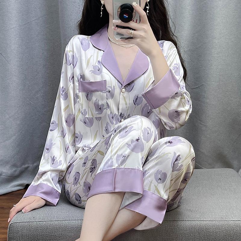 人間富貴花鬱金香睡衣女春秋季長袖套裝絲綢冰絲外穿家居服甜美薄