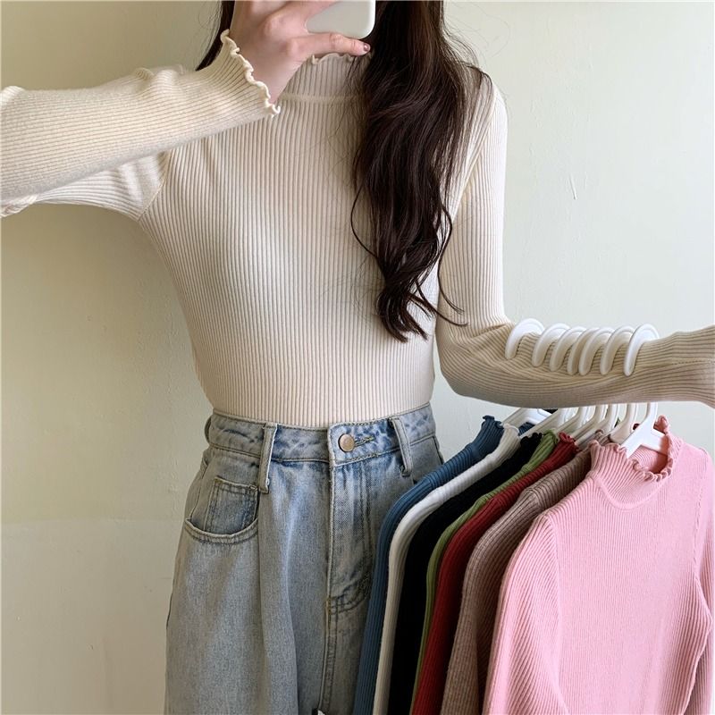 Autumn and winter pullover sweater, half turtleneck, Korean style, gentle fungus edge knitted bottoming shirt, women's inner layer, western style slim fit top