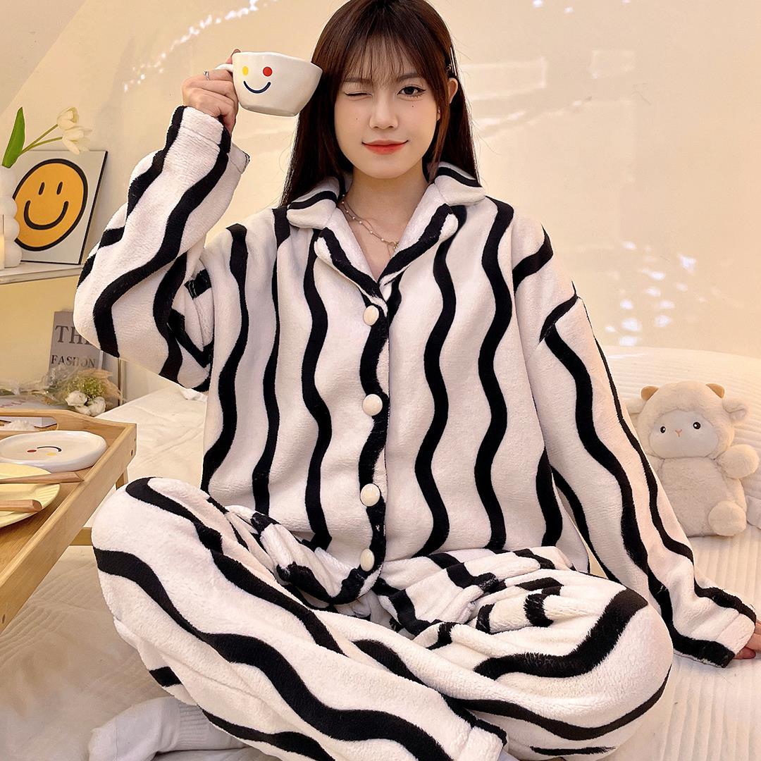 睡衣女款秋冬季珊瑚絨長袖開衫套裝冬天女士加絨加厚法蘭絨家居服