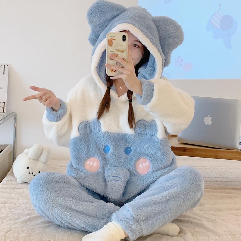 珊瑚絨睡衣女冬甜美連帽大象2023新款秋冬加絨加厚保暖家居服套裝