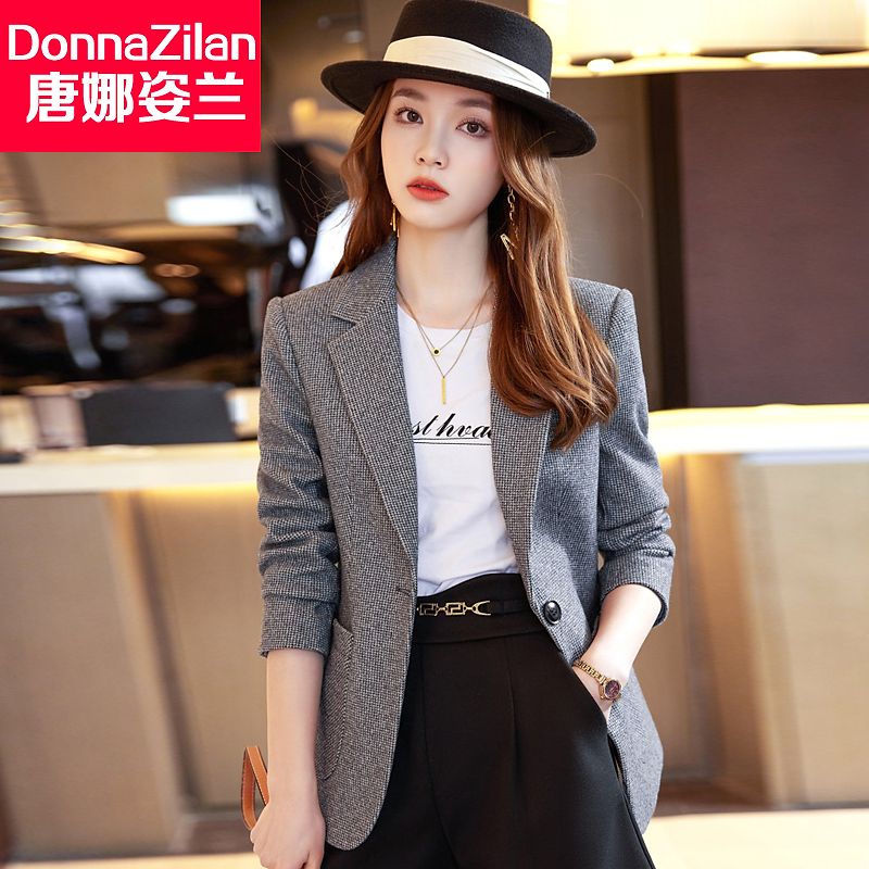 灰色格子小西裝外套女2023秋冬新款高級感休閒氣質女士西服上衣春