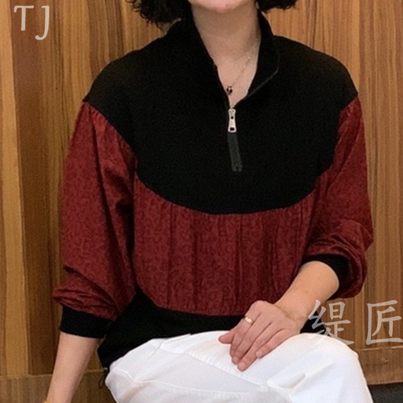 女士秋季新款气质百搭时尚显瘦减龄妈妈装拼色休闲翻领小衫上衣