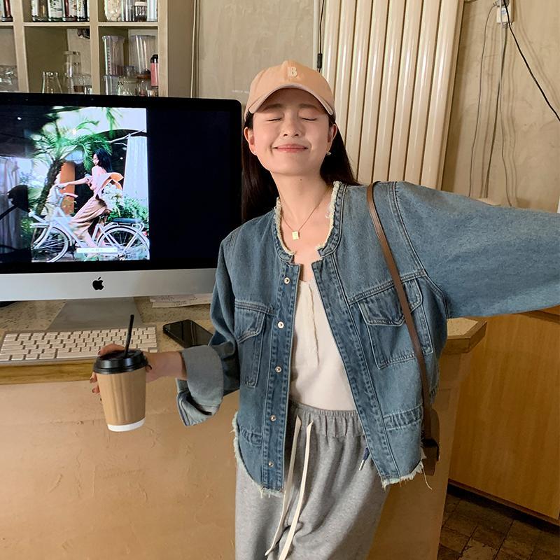 港風復古小眾設計感毛邊牛仔外套女秋季寬鬆顯瘦夾克短款休閒上衣