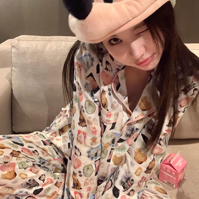 韓版睡衣女春秋2023年卡通貓家居服長袖套裝女款甜美可外穿兩件套