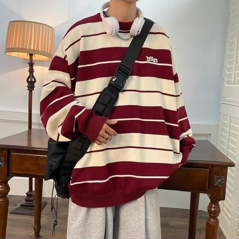 Color block striped sweater men's autumn loose pullover sweater ins trend Japanese lazy style couple coat