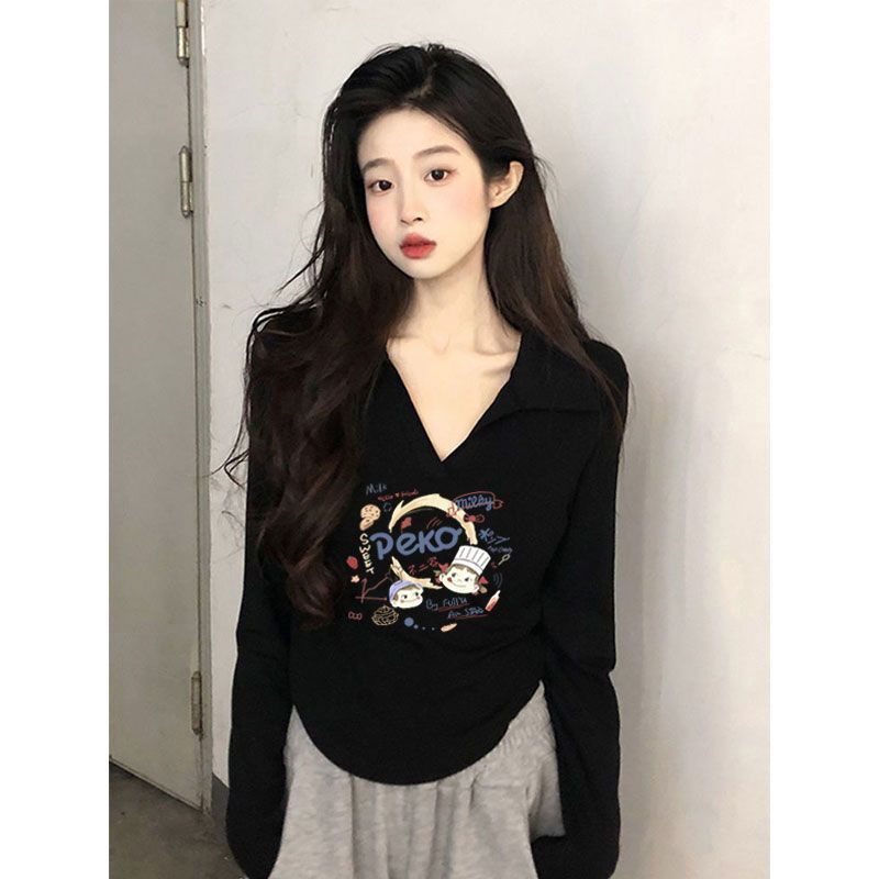 大碼胖mm韓版百搭polo領t恤女秋冬季甜美少女感長袖顯瘦遮肉上衣