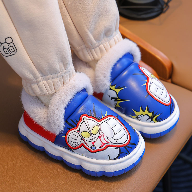 儿童棉拖鞋冬季男童奥特曼卡通包跟保暖防滑宝宝PU皮防水雪地棉鞋