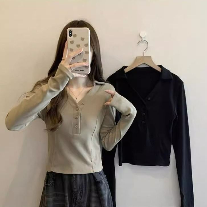純棉大碼女裝秋季新款純欲風長袖T恤胖mm修身顯瘦短款小眾上衣ins