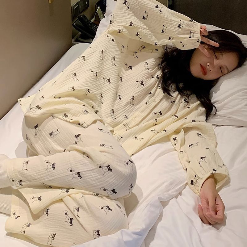 韩版睡衣女春秋2023年灰色猫家居服长袖套装女款甜美可外穿两件套