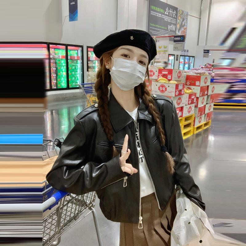 港風復古皮衣外套2023秋冬新款復古高級感炸街甜酷風小個子機車服