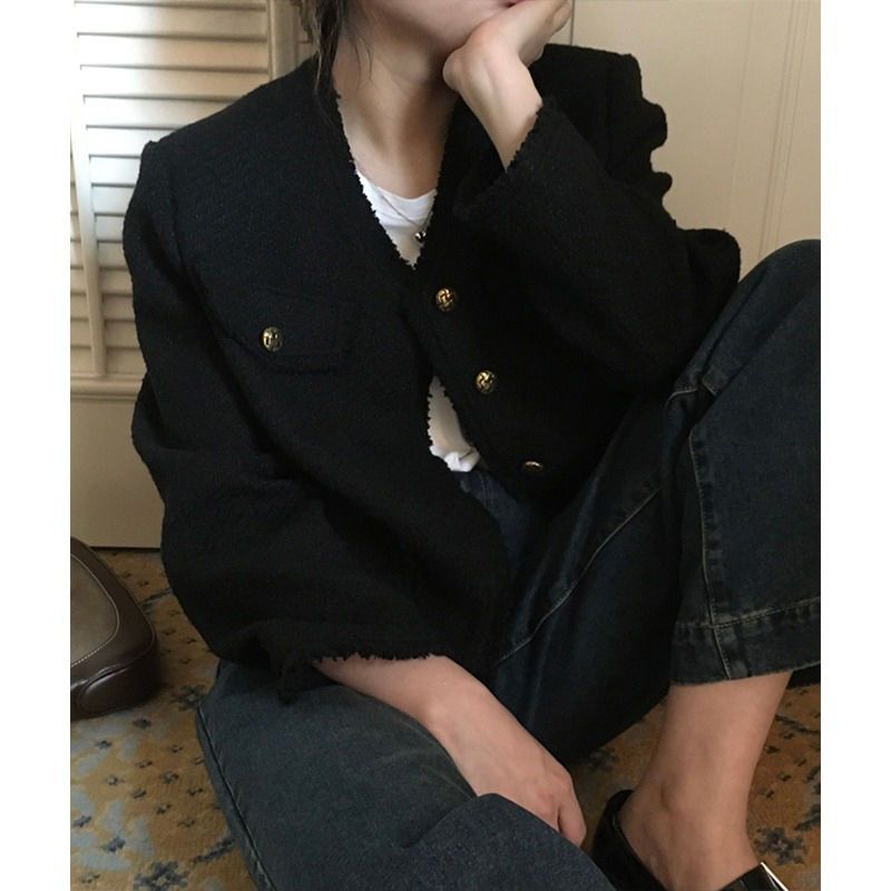 French style black small fragrant coat for small women 2023 spring and autumn new style high-end temperament wool short top