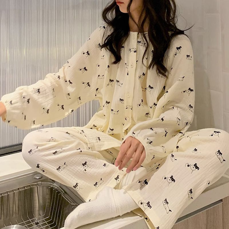 Korean style pajamas for women spring and autumn 2023 gray cat home wear long-sleeved suit for women sweet and can be worn outside two-piece set