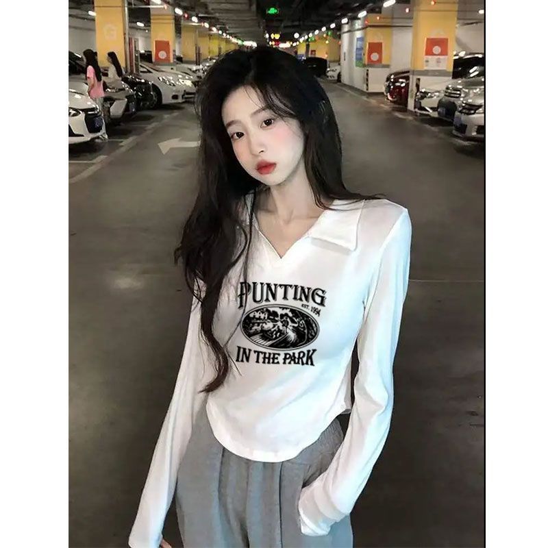 大碼胖mm秋冬季時尚百搭polo領t恤女設計感長袖顯瘦遮肉小眾上衣