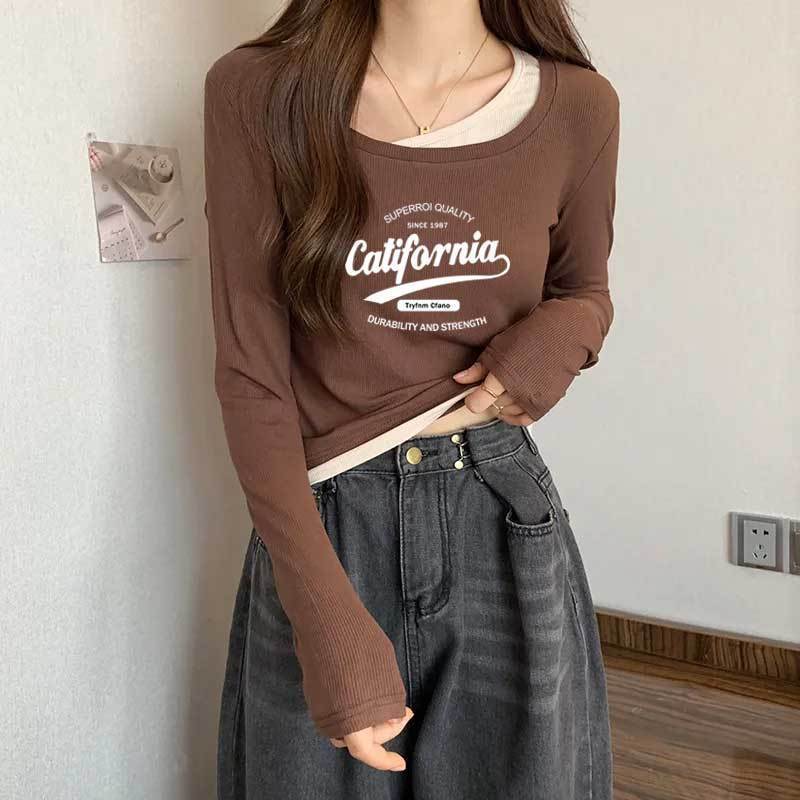 純棉大碼女裝胖MM設計感假兩件拼接長袖上衣秋季小眾顯瘦遮肉T恤