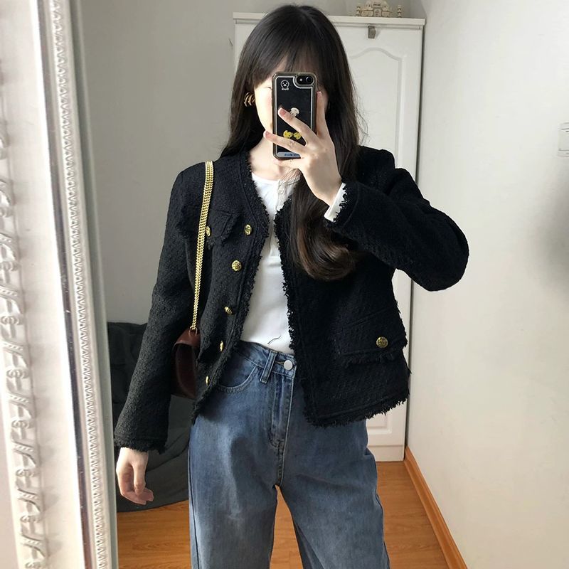 French style black small fragrant coat for small women 2023 spring and autumn new style high-end temperament wool short top
