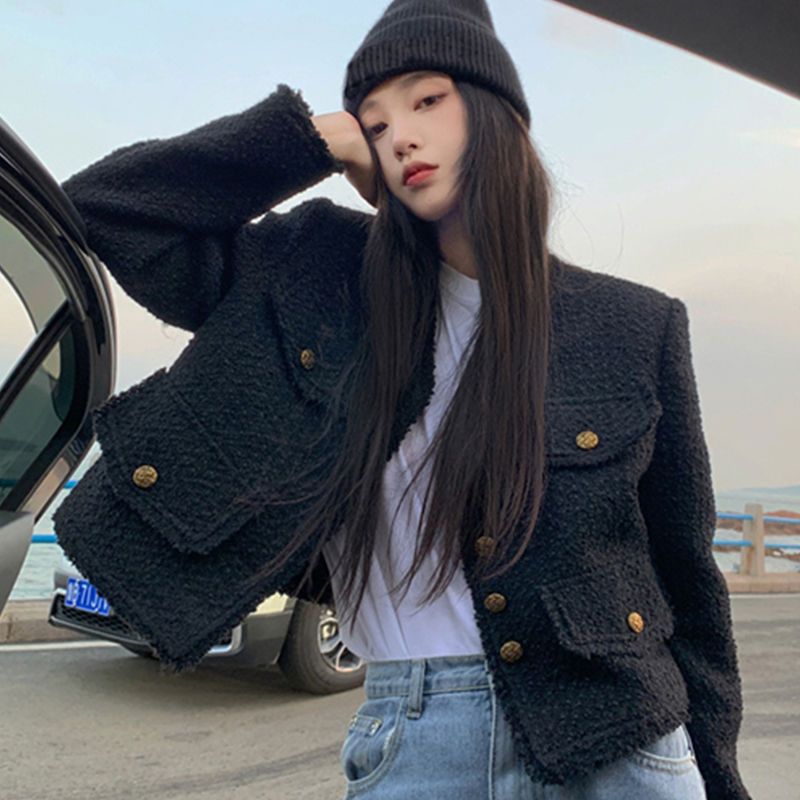 Black small fragrant jacket for women petite 2023 spring and autumn new style French high-end temperament wool short top
