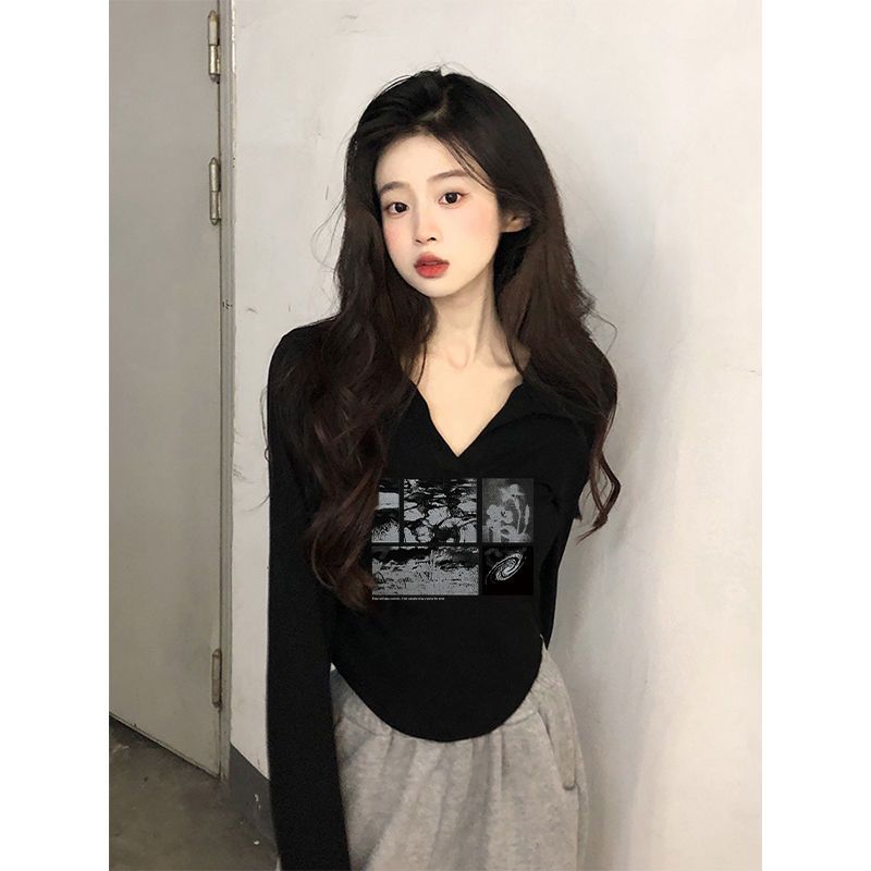 Polo領純欲風長袖T恤女秋季新款辣妹設計感修身黑色短款露腰上衣