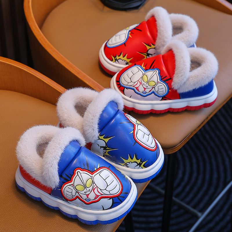 儿童棉拖鞋冬季男童奥特曼卡通包跟保暖防滑宝宝PU皮防水雪地棉鞋