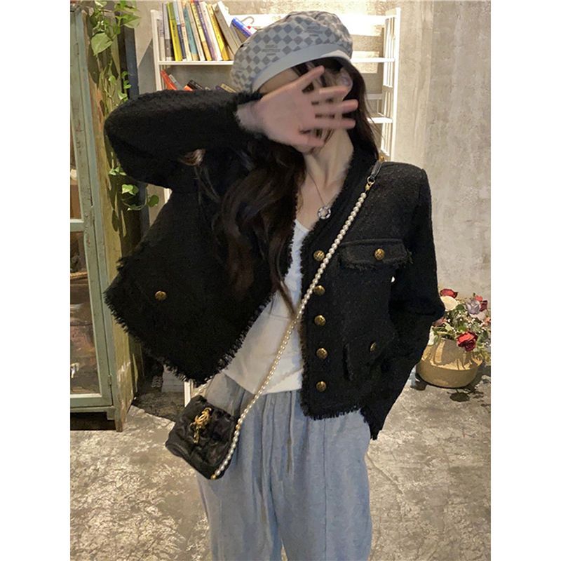 Black small fragrant jacket for women petite 2023 spring and autumn new style French exquisite high-end wool short top