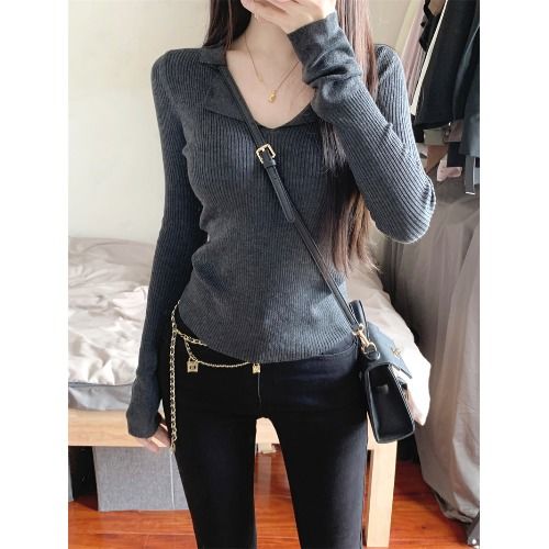 時尚簡約純色POLO領長袖針織衫女早秋軟糯修身顯瘦百搭打底上衣潮