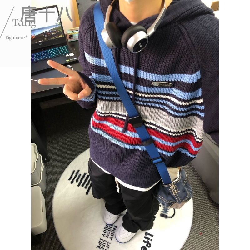唐十八條紋撞色美式復古街頭連帽毛衣破洞寬鬆潮流套頭上衣男女潮