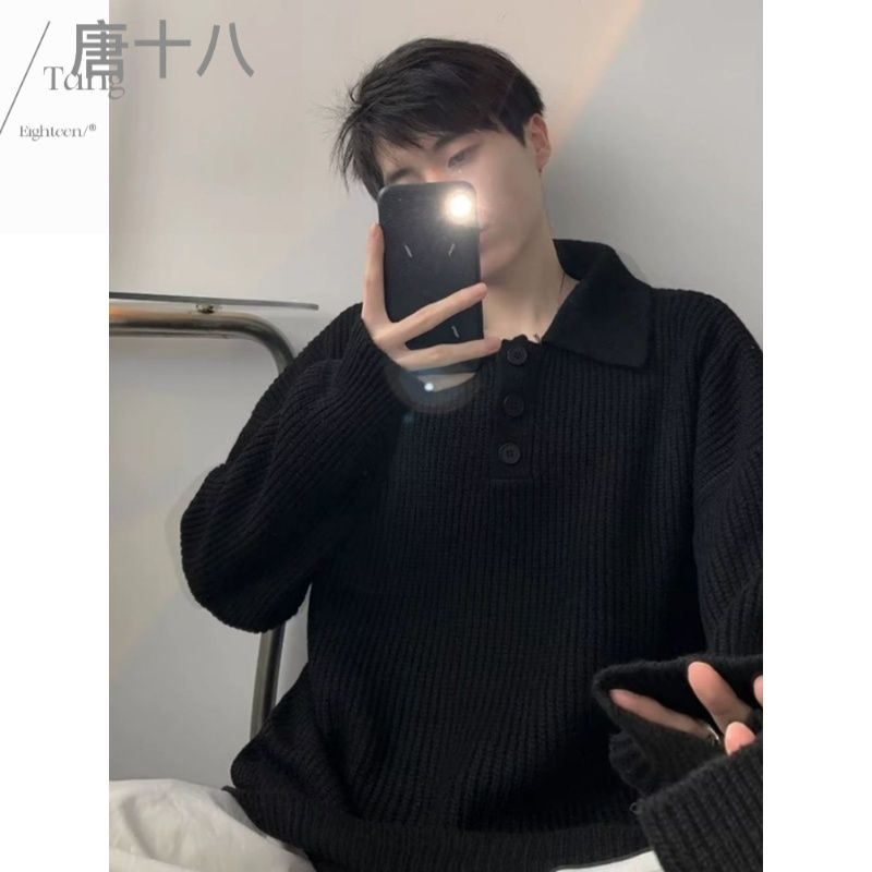 polo領毛衣男秋冬季新款慵懶風翻領針織衫外套寬鬆潮流休閒毛線衣