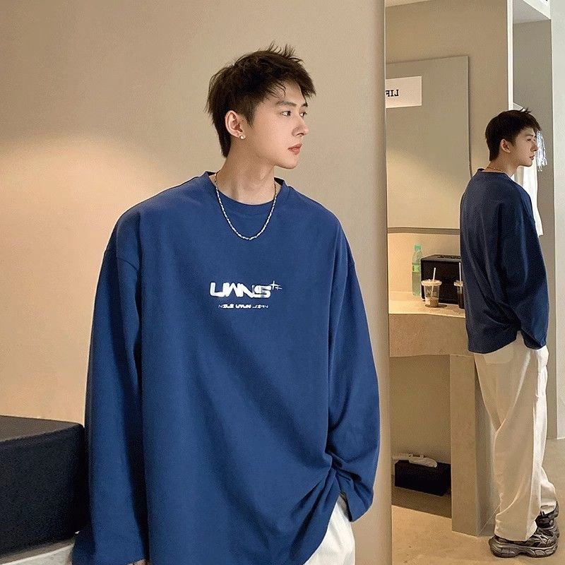100%純棉長袖t恤男秋季oversize大碼圓領港風美式重磅打底衫潮男