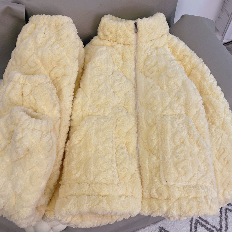 日系奶黃色三層珊瑚絨夾棉睡衣女款秋冬季保暖加厚拉鏈家居服套裝