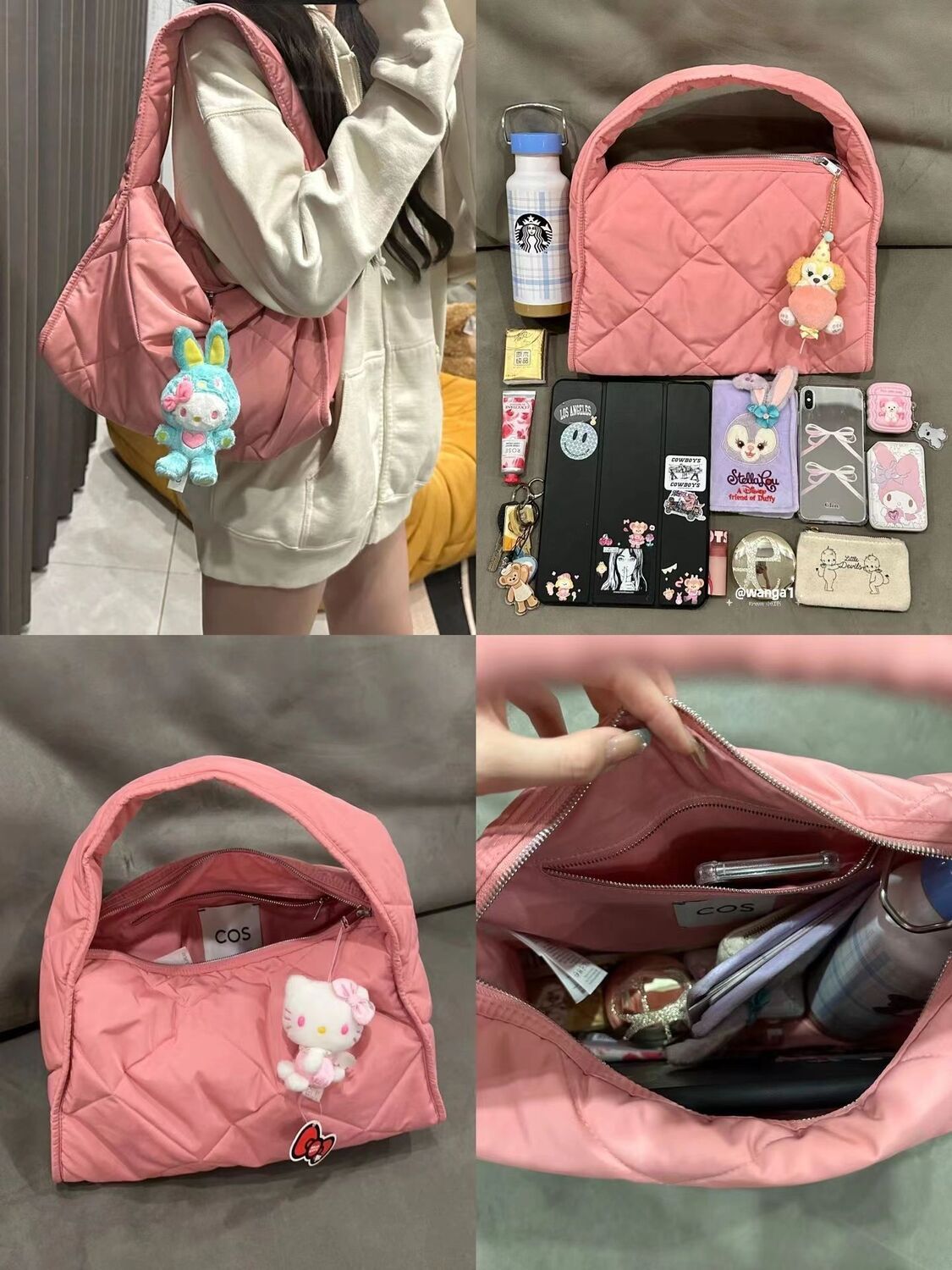 Korean version of large capacity commuting handbag for women in 2023 winter personalized versatile handbag casual diamond grid pink bag