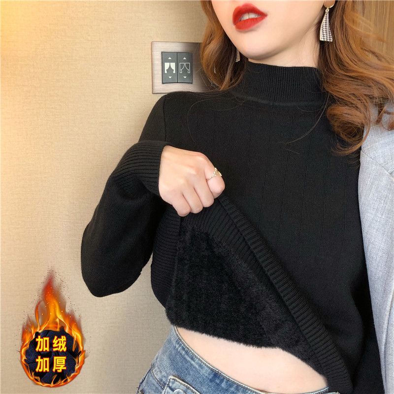加絨加厚仿貂絨針織打底衫女秋冬款內搭一體絨毛衣半高領黑色上衣