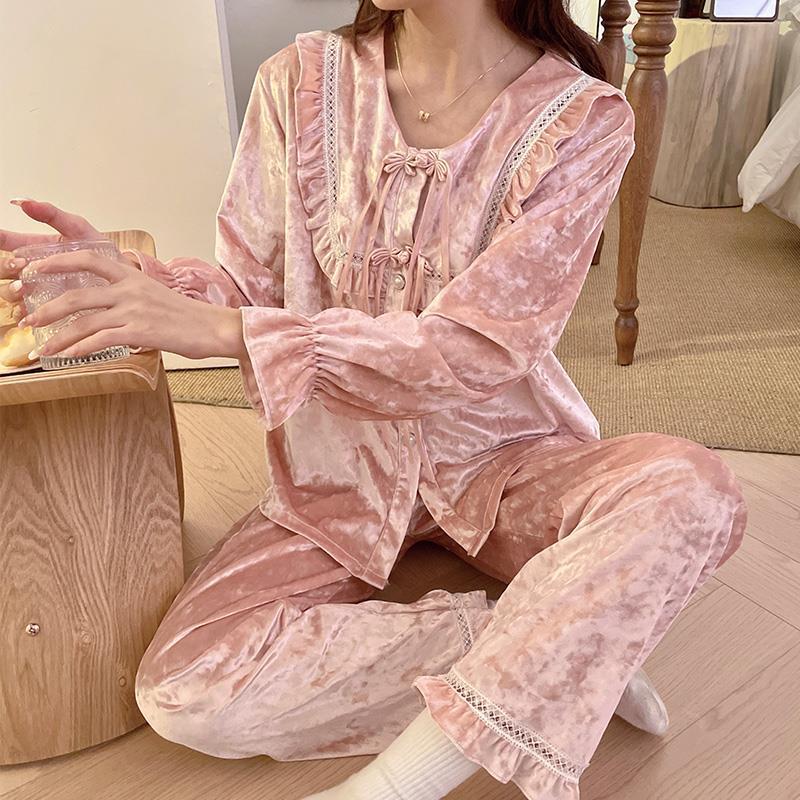 法式復古感金絲絨睡衣女秋冬季新款甜美花邊長袖家居服套裝可外穿