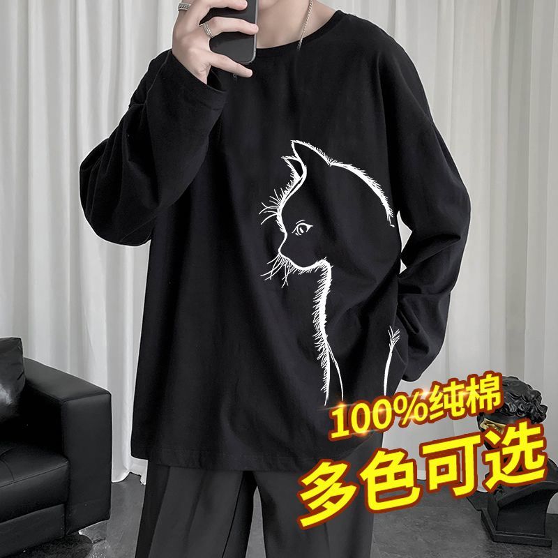 100%純棉貓咪印花長袖T恤男港風ins高街寬鬆圓領內搭打底衫上衣男