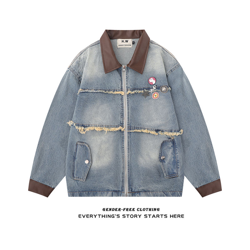 American street retro splicing raw edge denim jacket for women spring and autumn design niche trendy brand loose jacket top
