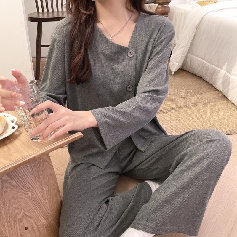 高級感睡衣女春秋季長袖純棉可外穿灰色網紅顯瘦休閒家居服兩件套