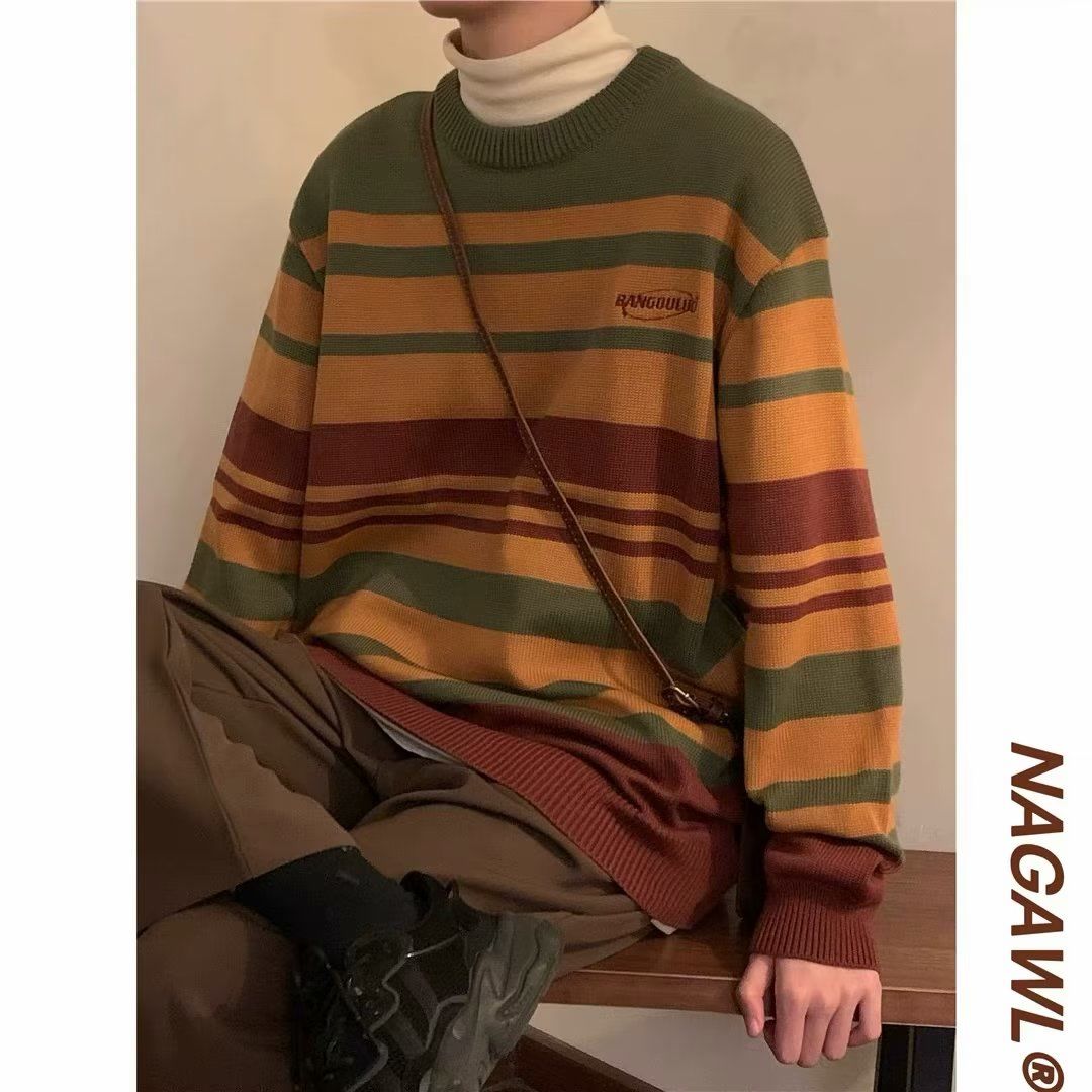 Japanese small fresh contrasting color striped sweater men's round neck ins trendy brand couple Hong Kong style loose lazy style sweater