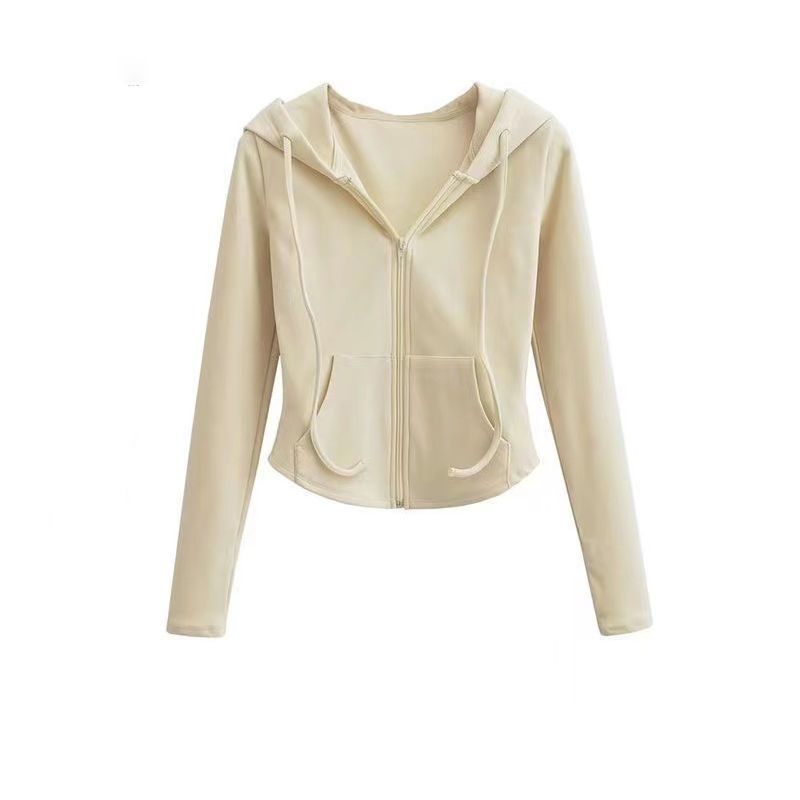 DeRong Hot Girl Style Hooded Cardigan Sweater Jacket Women's Spring and Autumn Slim Waist Slim Long Sleeve Short Top Trendy