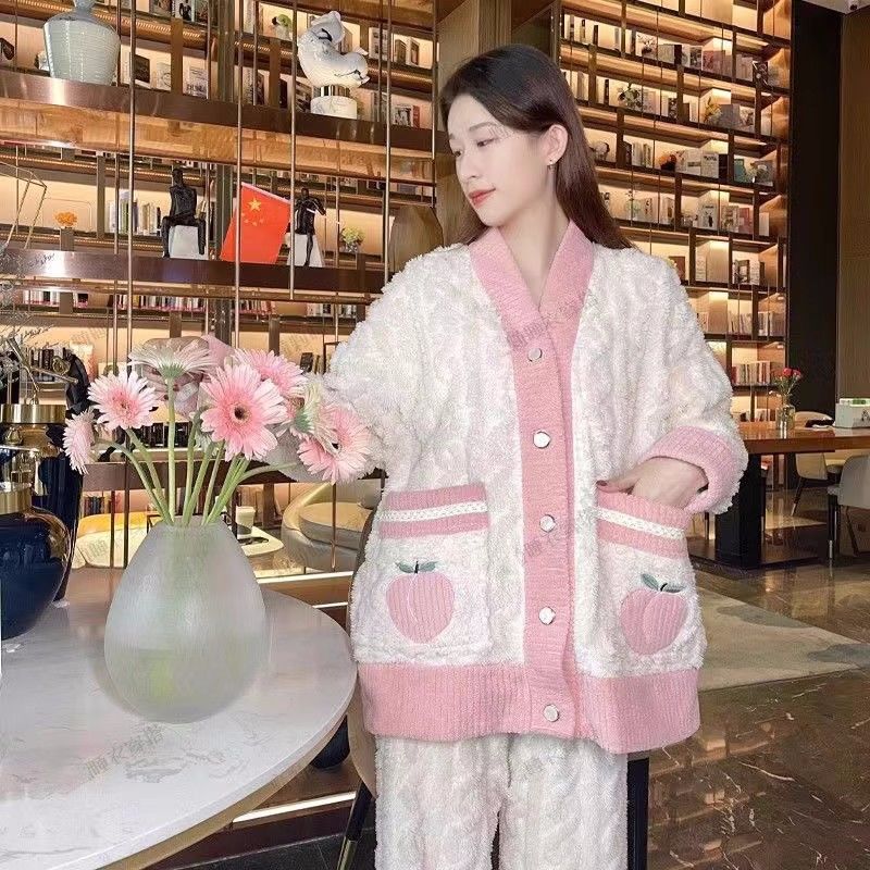 秋冬季新款甜美風睡衣女開衫加絨加厚珊瑚絨保暖家居服長套裝冬天